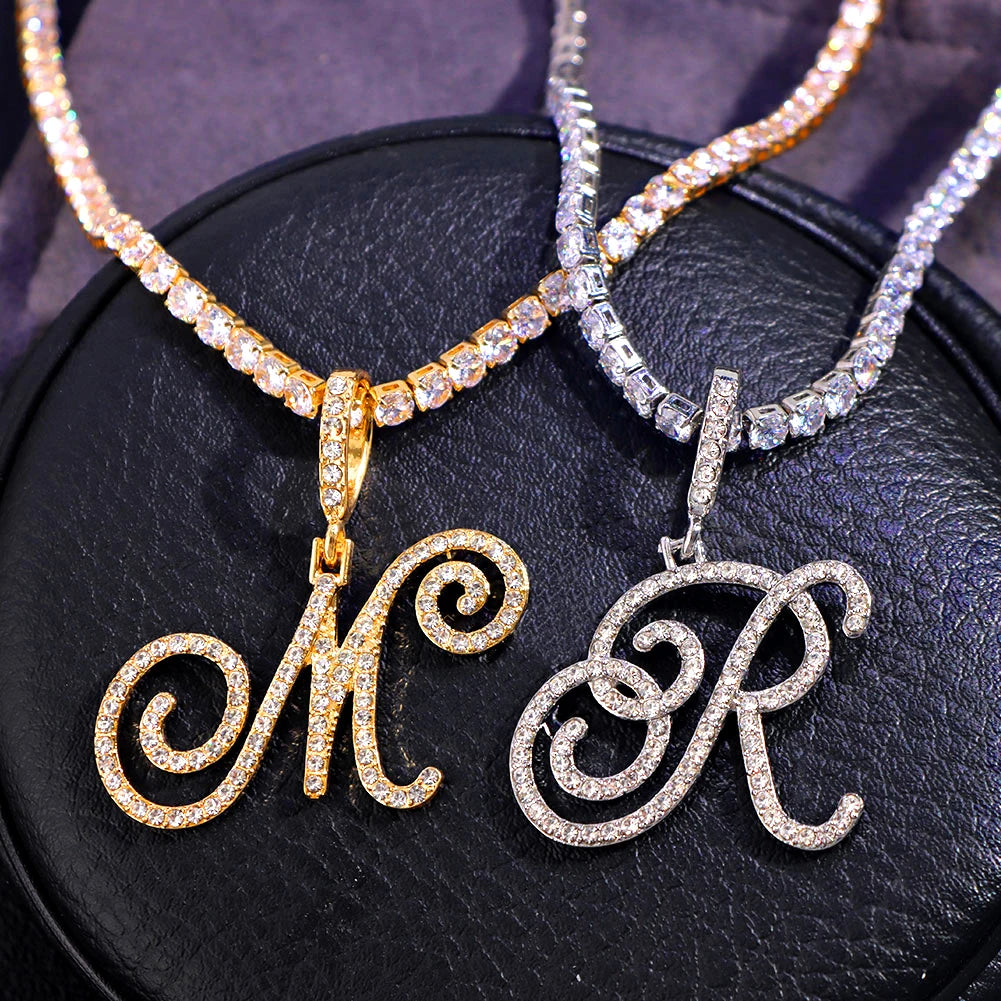 Cursive Initial Letter CZ Pendant Necklace