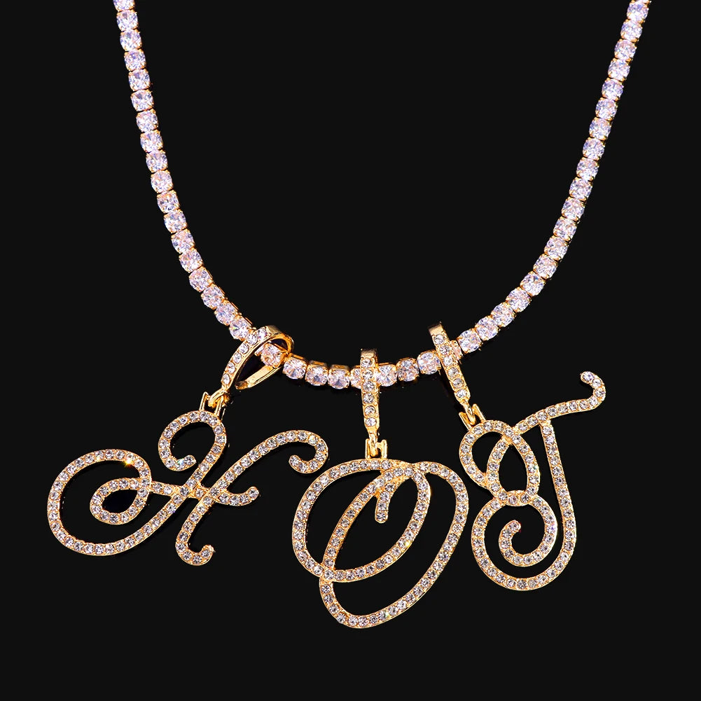 Cursive Initial Letter CZ Pendant Necklace