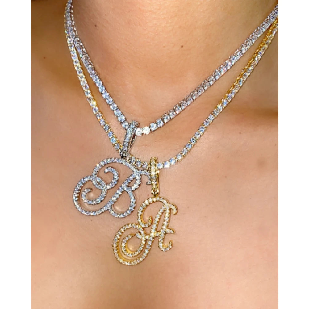 Cursive Initial Letter CZ Pendant Necklace