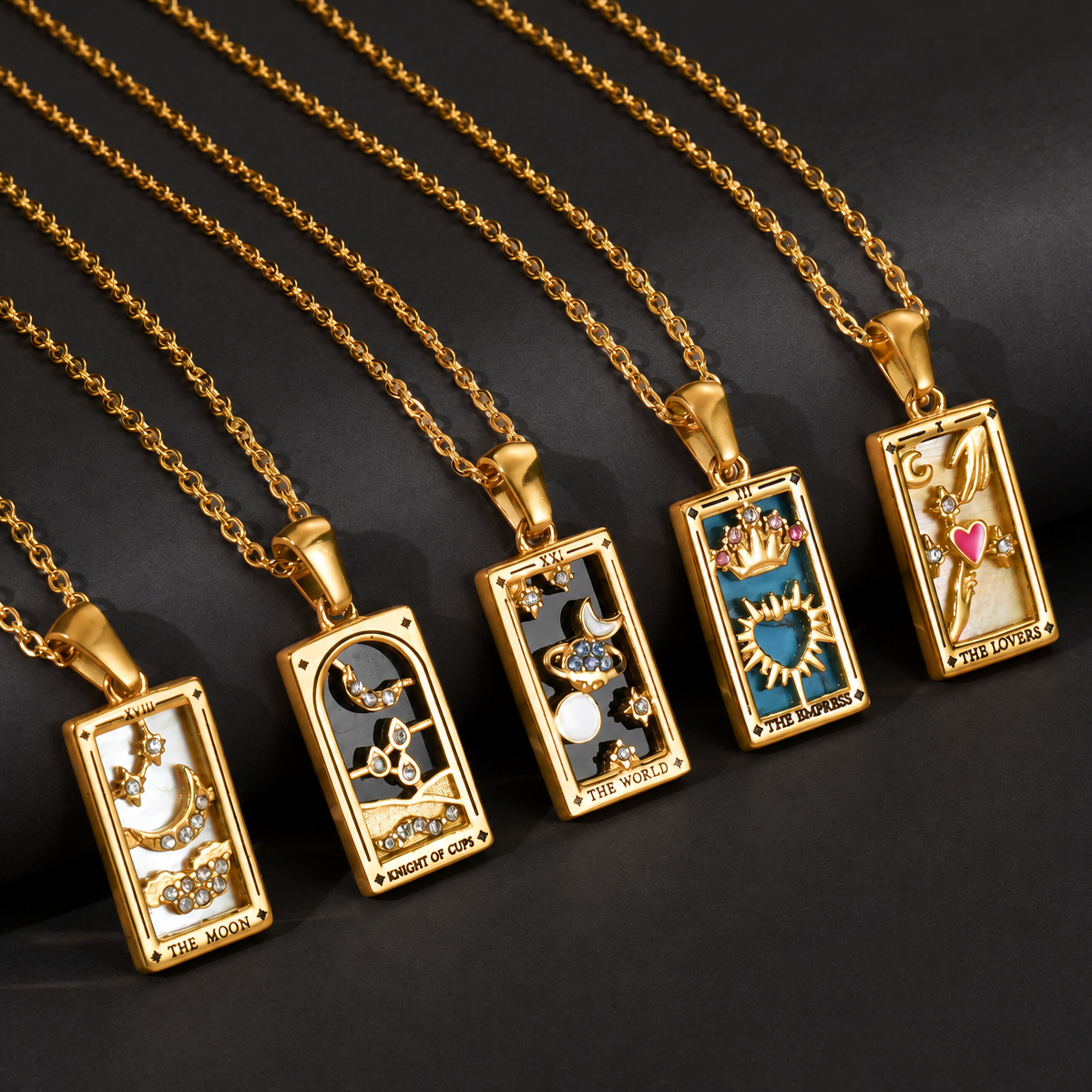 18k Gold-plated Stainless Steel Tarot Card CZ Pendant Necklace