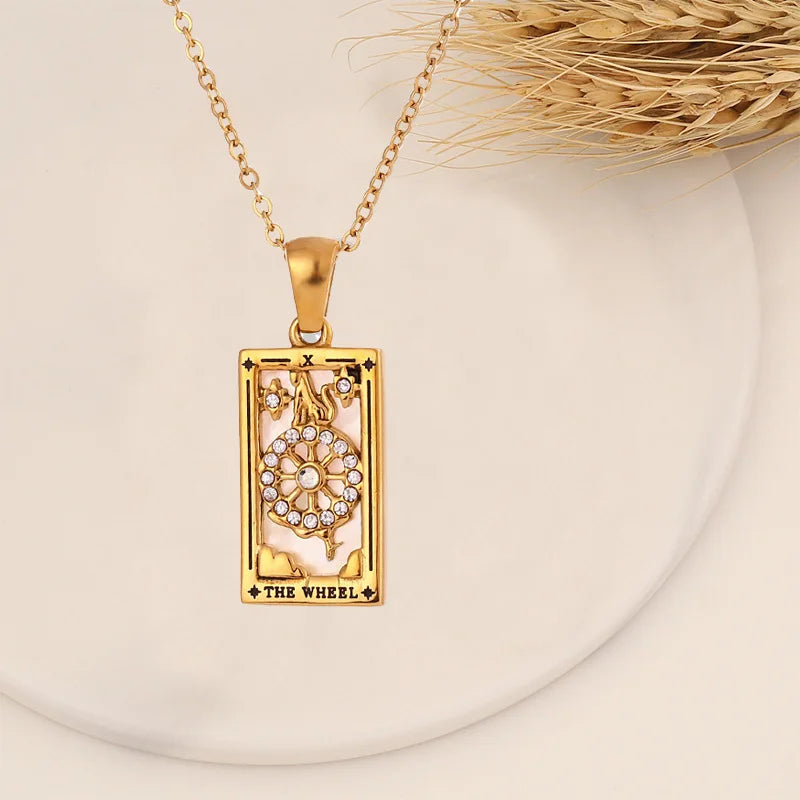 18k Gold-plated Stainless Steel Tarot Card CZ Pendant Necklace