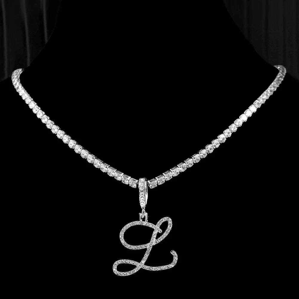 Cursive Initial Letter CZ Pendant Necklace