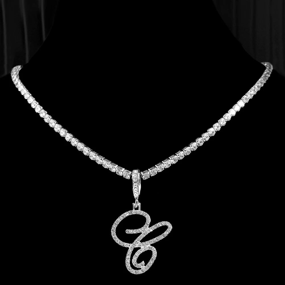 Cursive Initial Letter CZ Pendant Necklace
