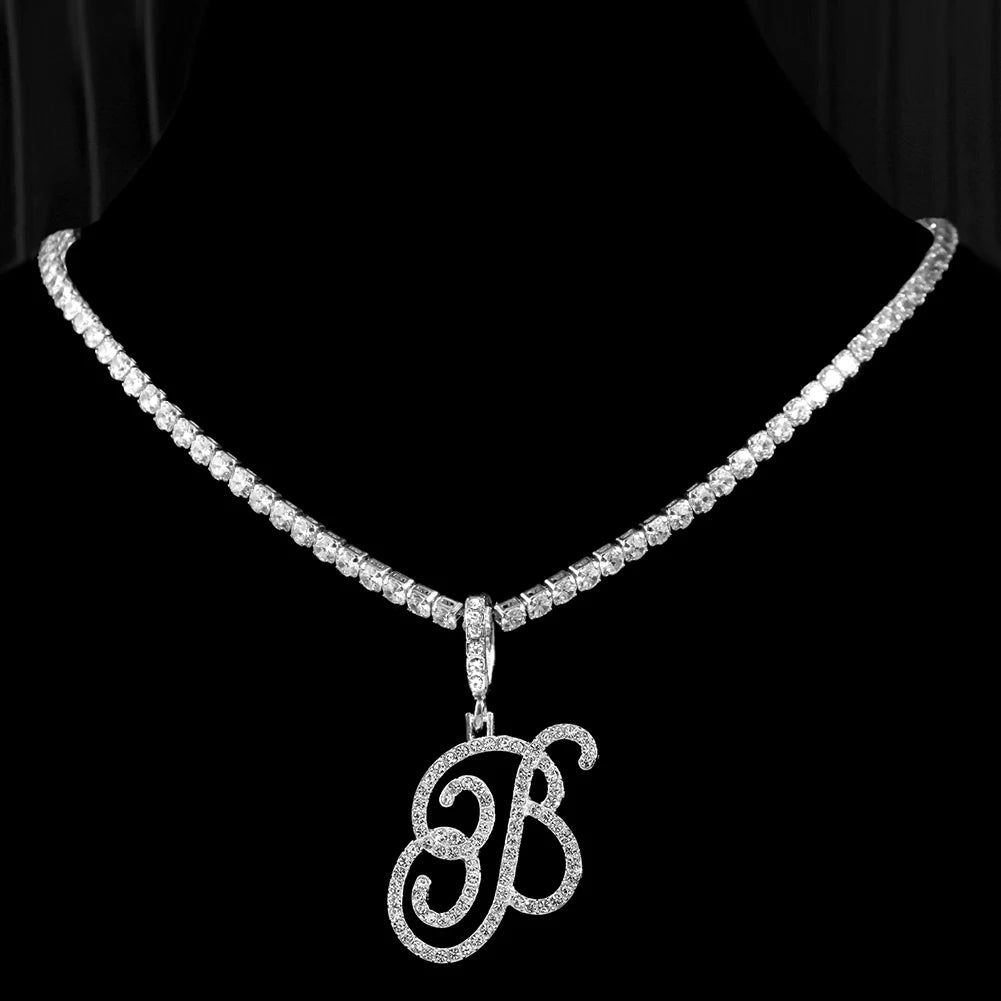 Cursive Initial Letter CZ Pendant Necklace