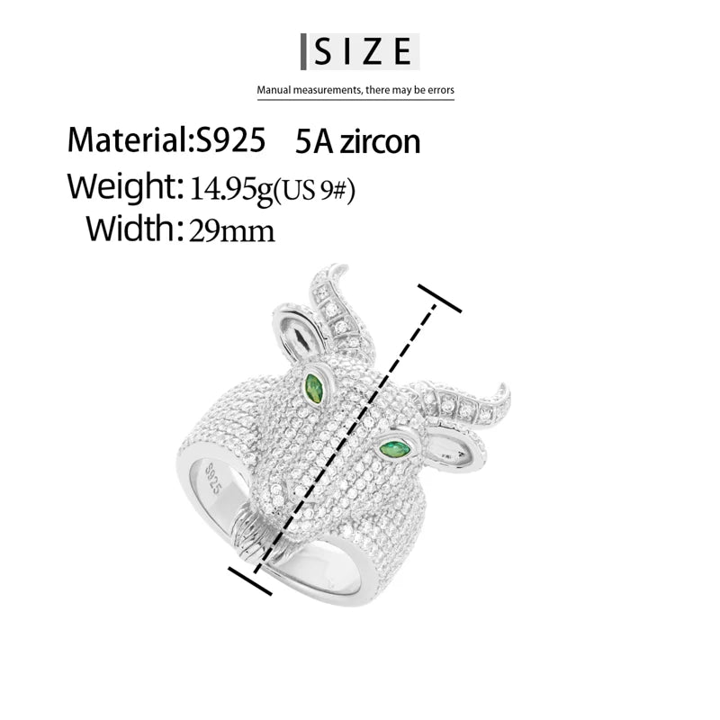 S925 Silver Goat Skull Moissanite Ring