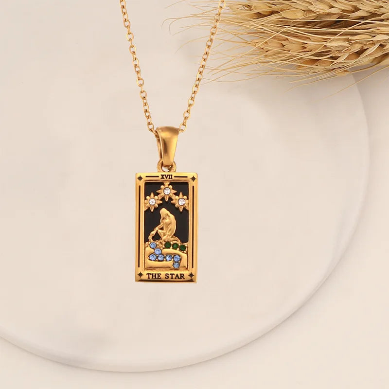 18k Gold-plated Stainless Steel Tarot Card CZ Pendant Necklace