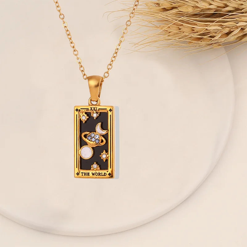18k Gold-plated Stainless Steel Tarot Card CZ Pendant Necklace