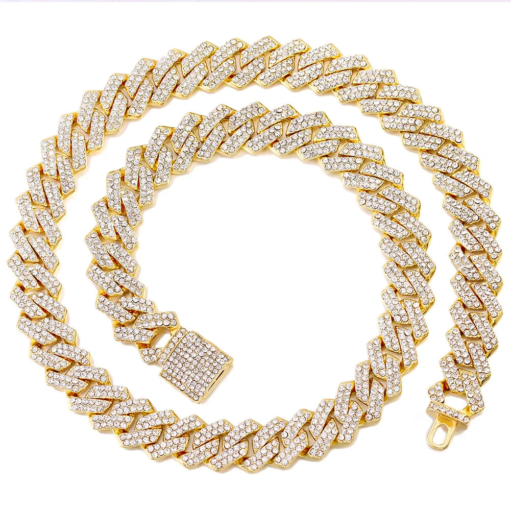 14mm Rhombus Prong Cuban Link Chain Necklace