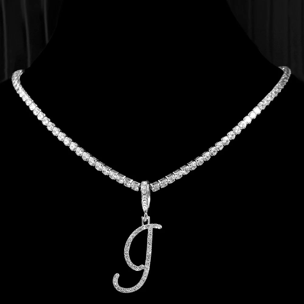 Cursive Initial Letter CZ Pendant Necklace
