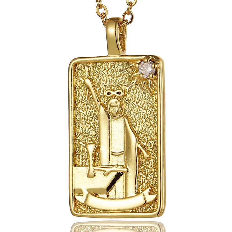 18k Gold-plated Stainless Steel Tarot Card CZ Pendant Necklace