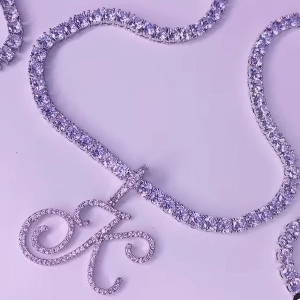 Cursive Initial Letter CZ Pendant Necklace