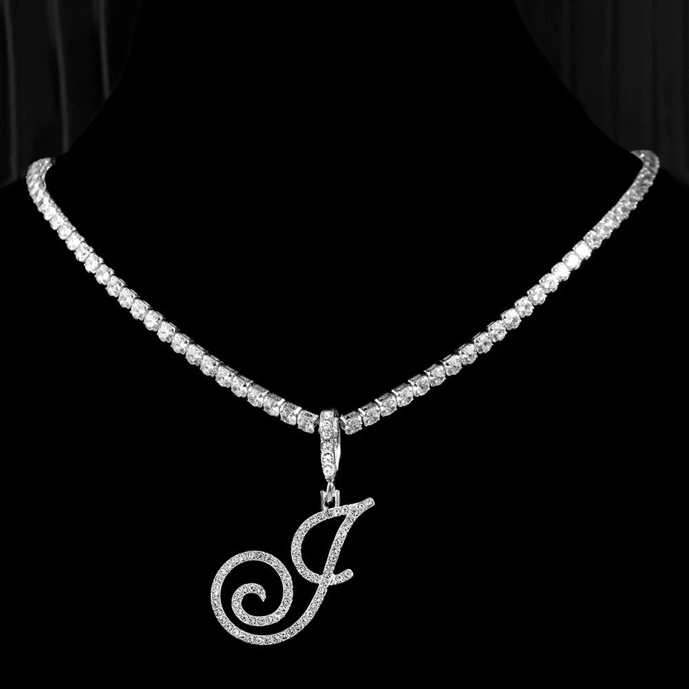 Cursive Initial Letter CZ Pendant Necklace