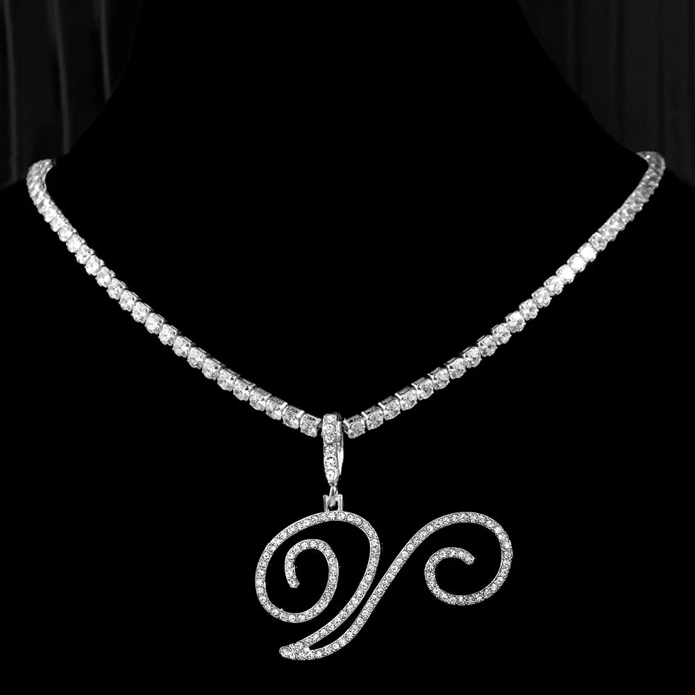 Cursive Initial Letter CZ Pendant Necklace