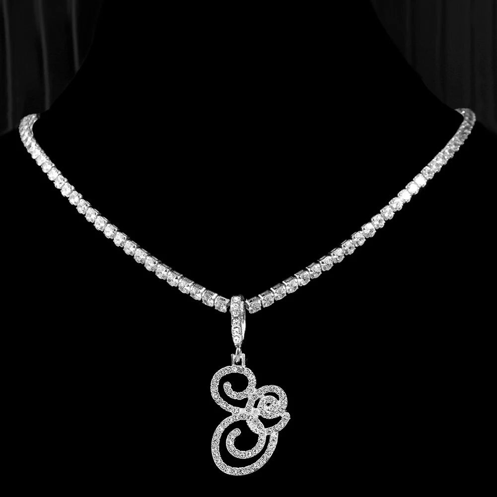 Cursive Initial Letter CZ Pendant Necklace