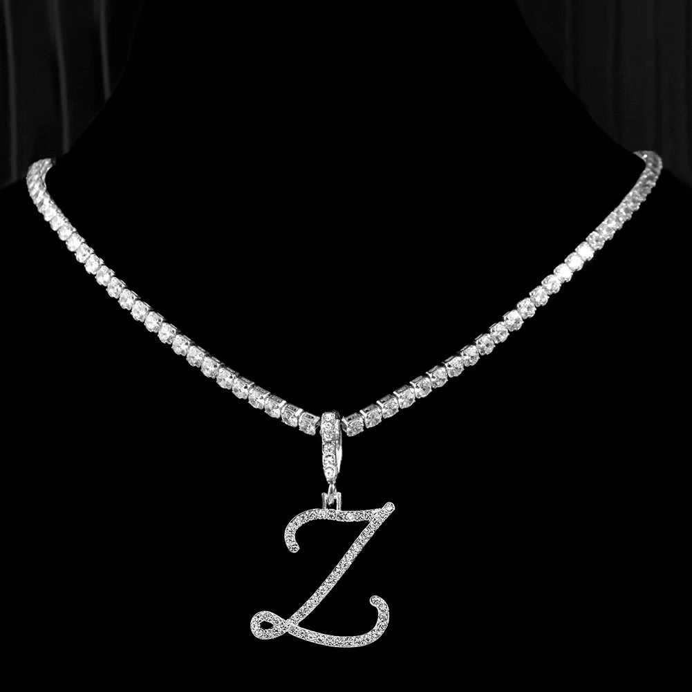 Cursive Initial Letter CZ Pendant Necklace