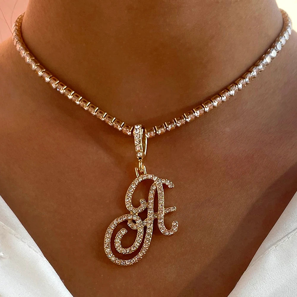 Cursive Initial Letter CZ Pendant Necklace