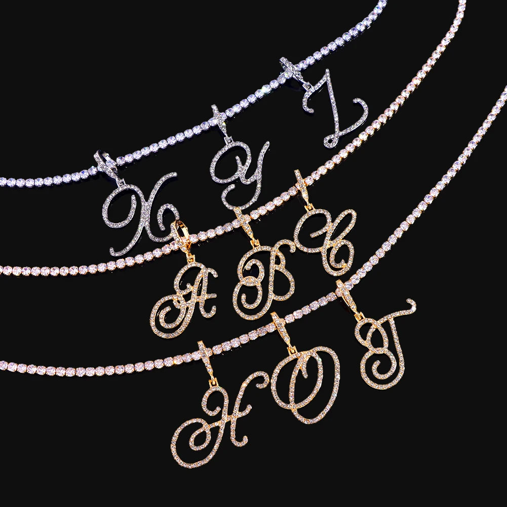 Cursive Initial Letter CZ Pendant Necklace