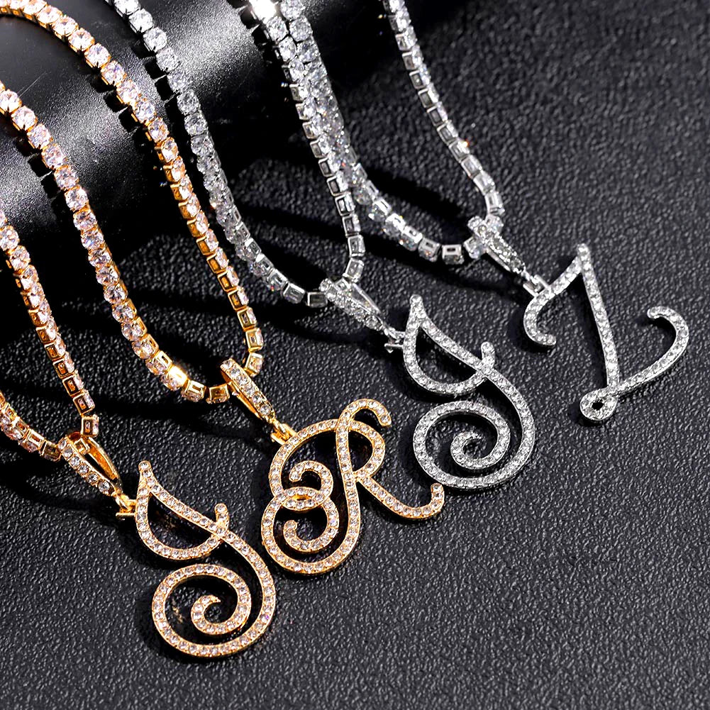 Cursive Initial Letter CZ Pendant Necklace
