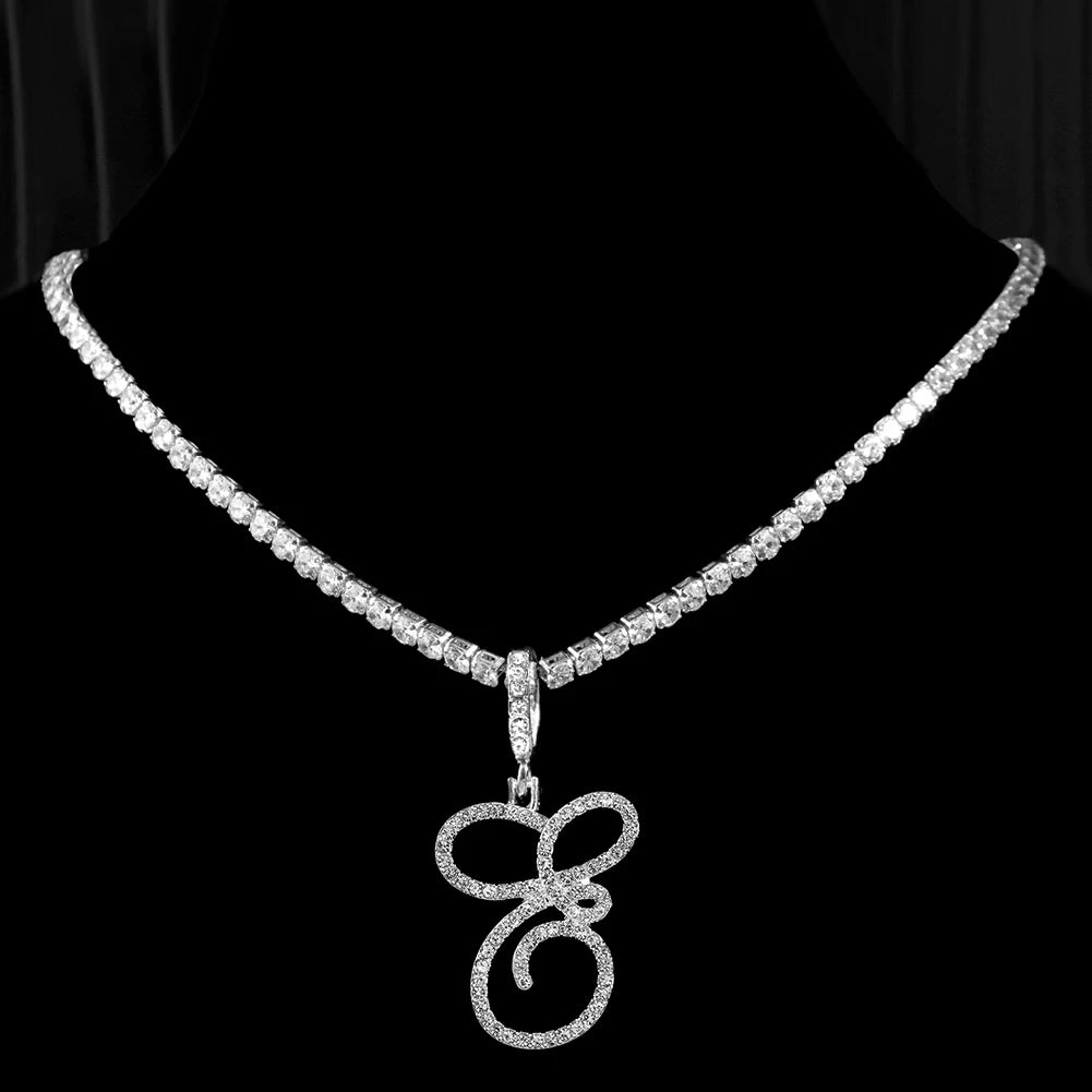 Cursive Initial Letter CZ Pendant Necklace