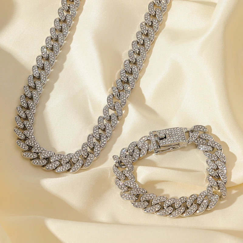 Zinc Alloy Cuban Necklace and Bracelet Set