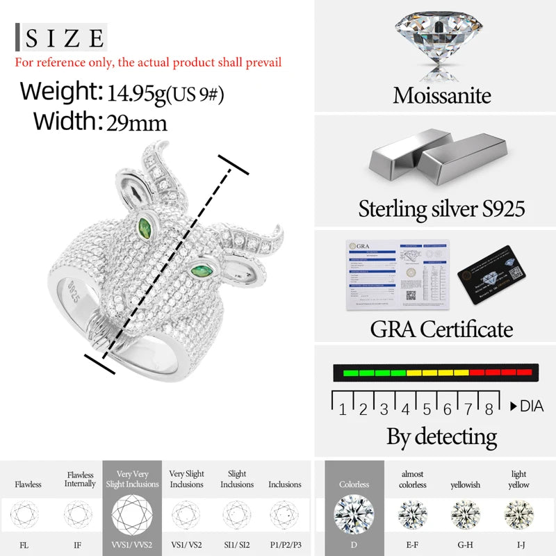 S925 Silver Goat Skull Moissanite Ring