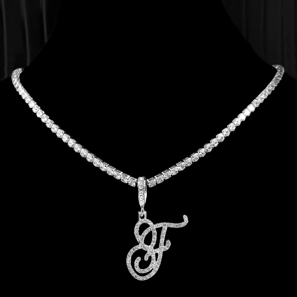 Cursive Initial Letter CZ Pendant Necklace