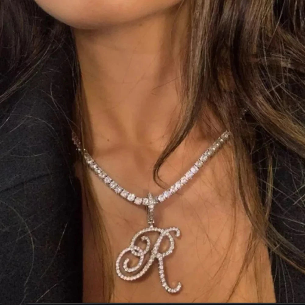 Cursive Initial Letter CZ Pendant Necklace