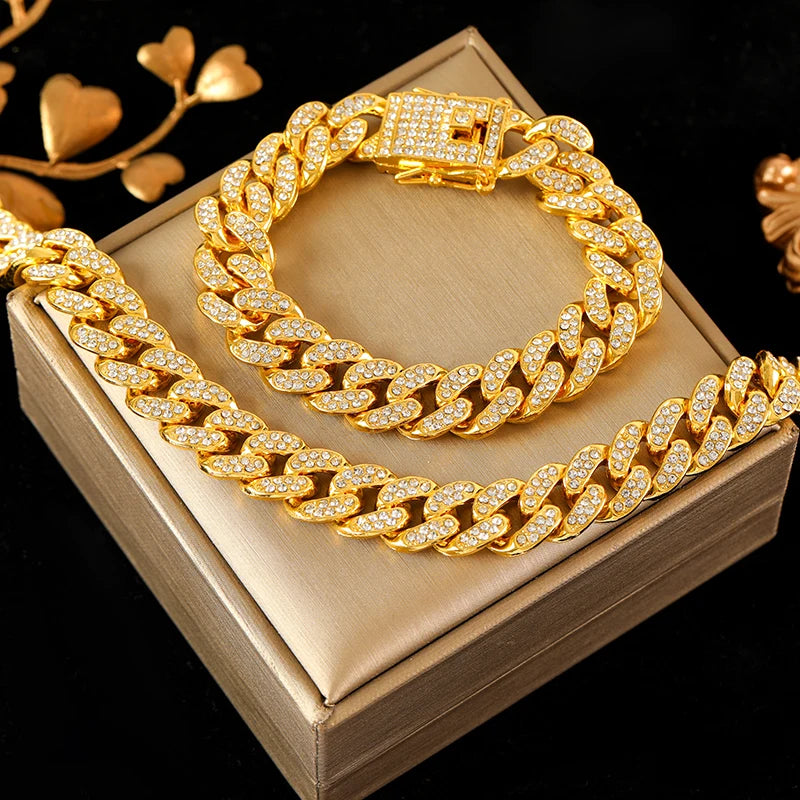 Zinc Alloy Cuban Necklace and Bracelet Set