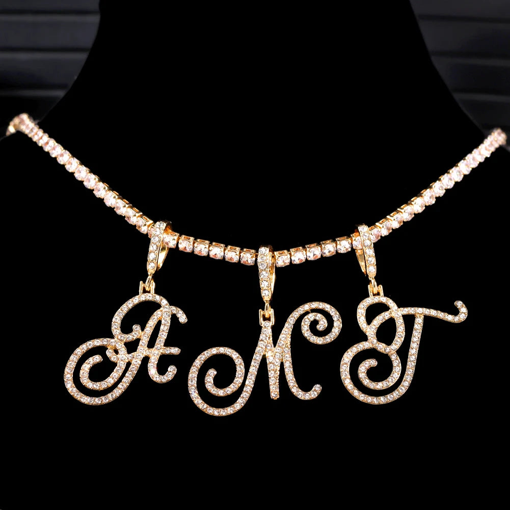 Cursive Initial Letter CZ Pendant Necklace