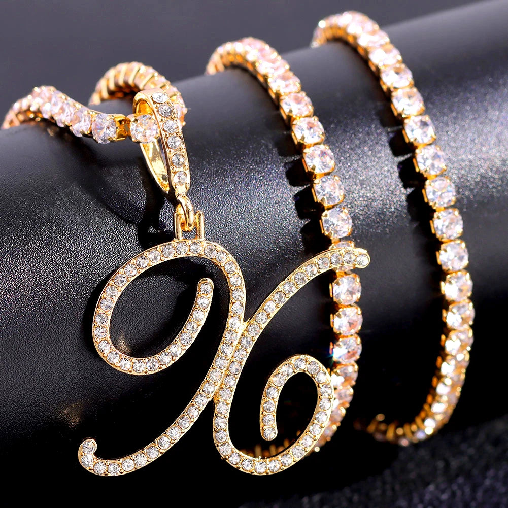 Cursive Initial Letter CZ Pendant Necklace