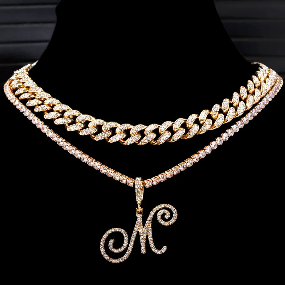 Cursive Initial Letter CZ Pendant Necklace