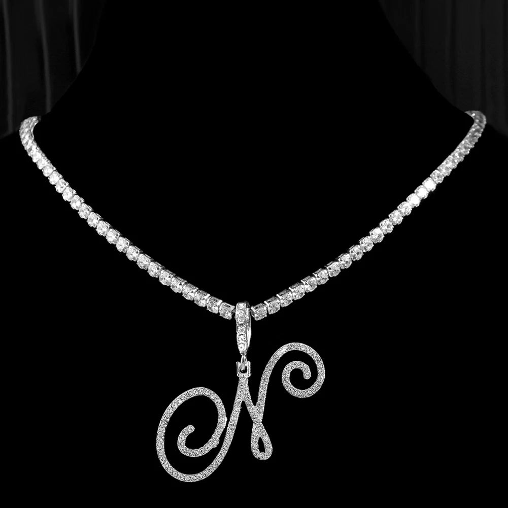 Cursive Initial Letter CZ Pendant Necklace