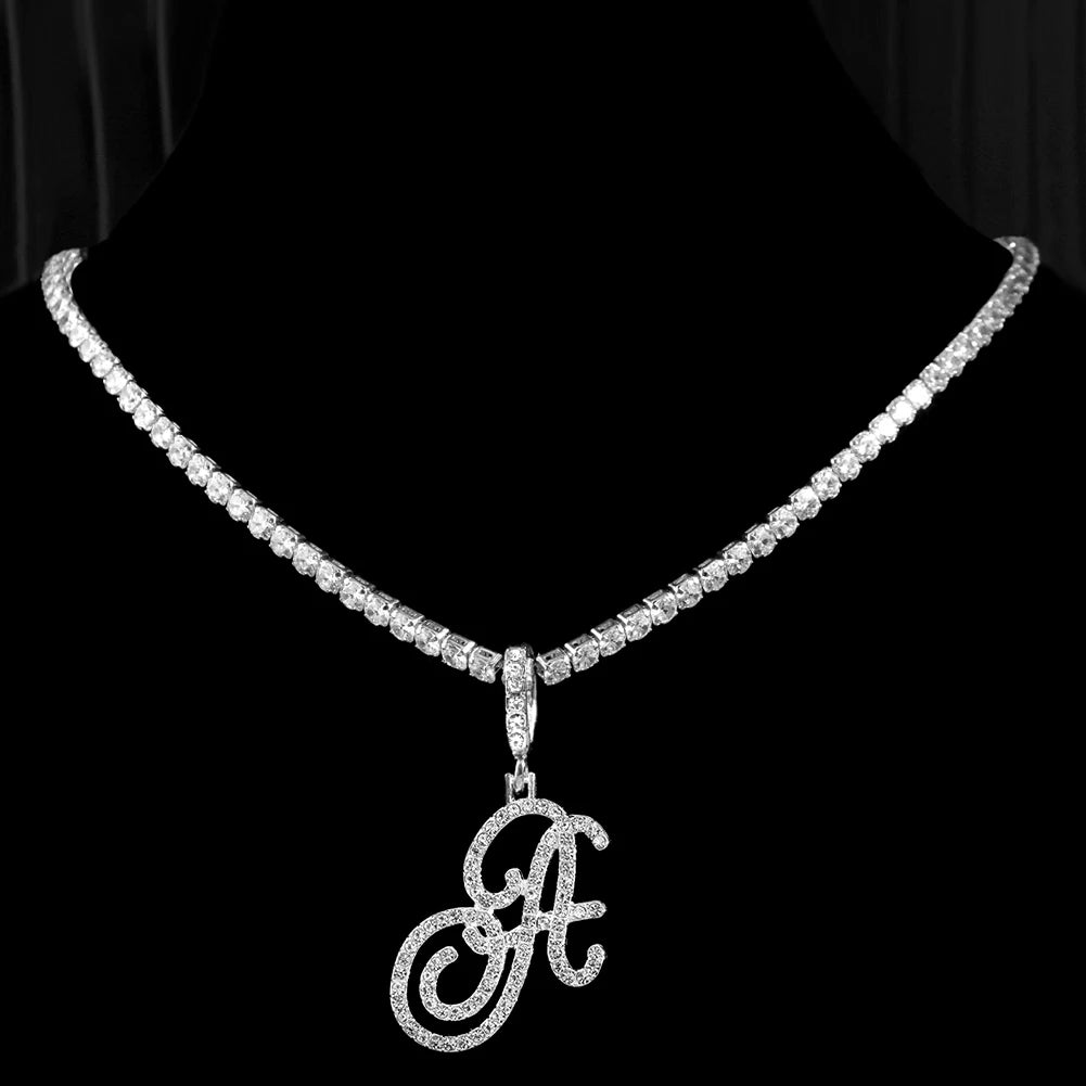 Cursive Initial Letter CZ Pendant Necklace