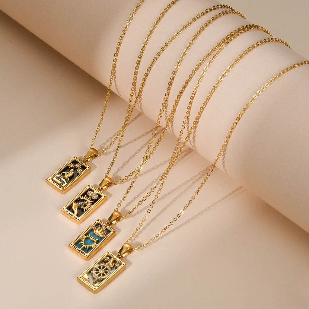 18k Gold-plated Stainless Steel Tarot Card CZ Pendant Necklace