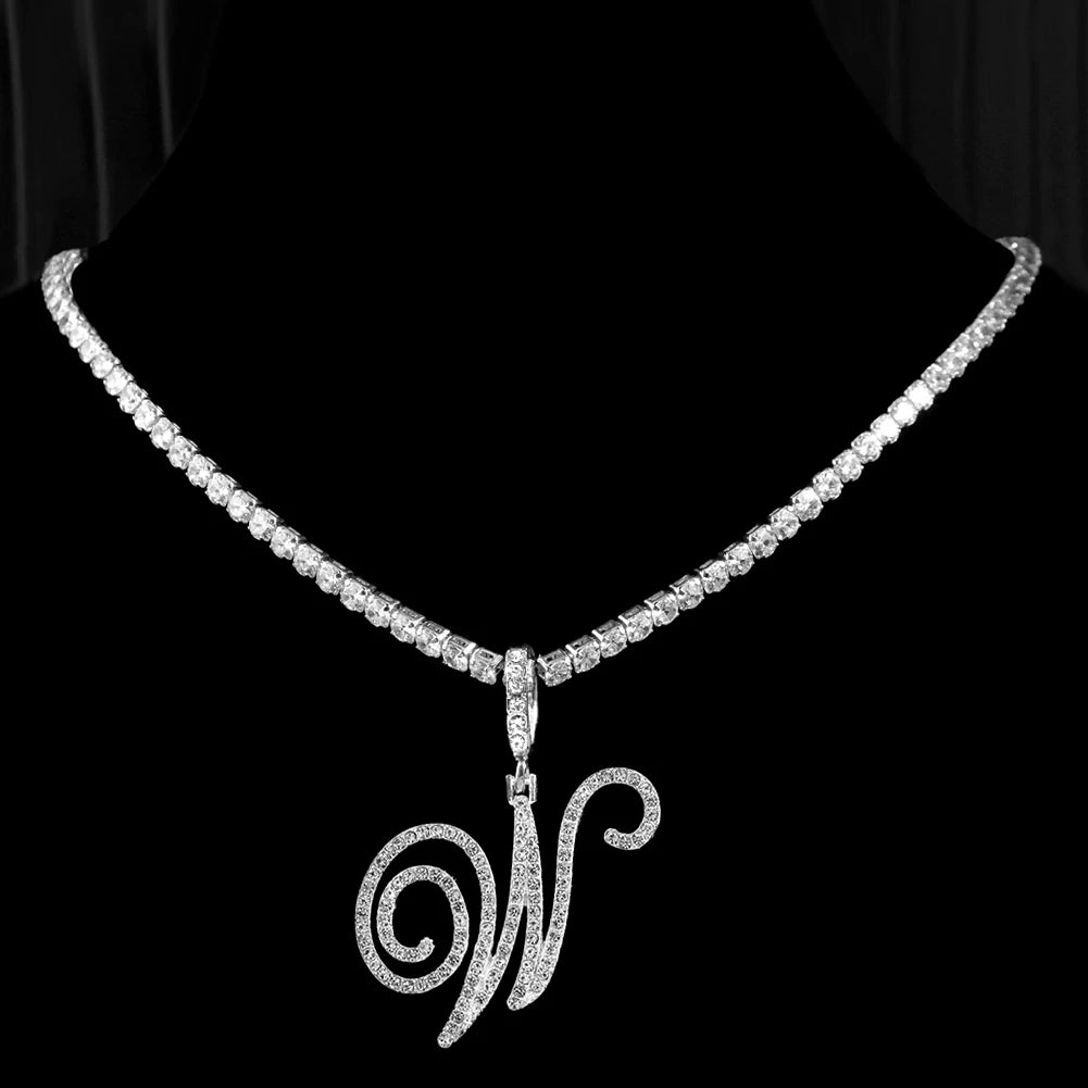 Cursive Initial Letter CZ Pendant Necklace
