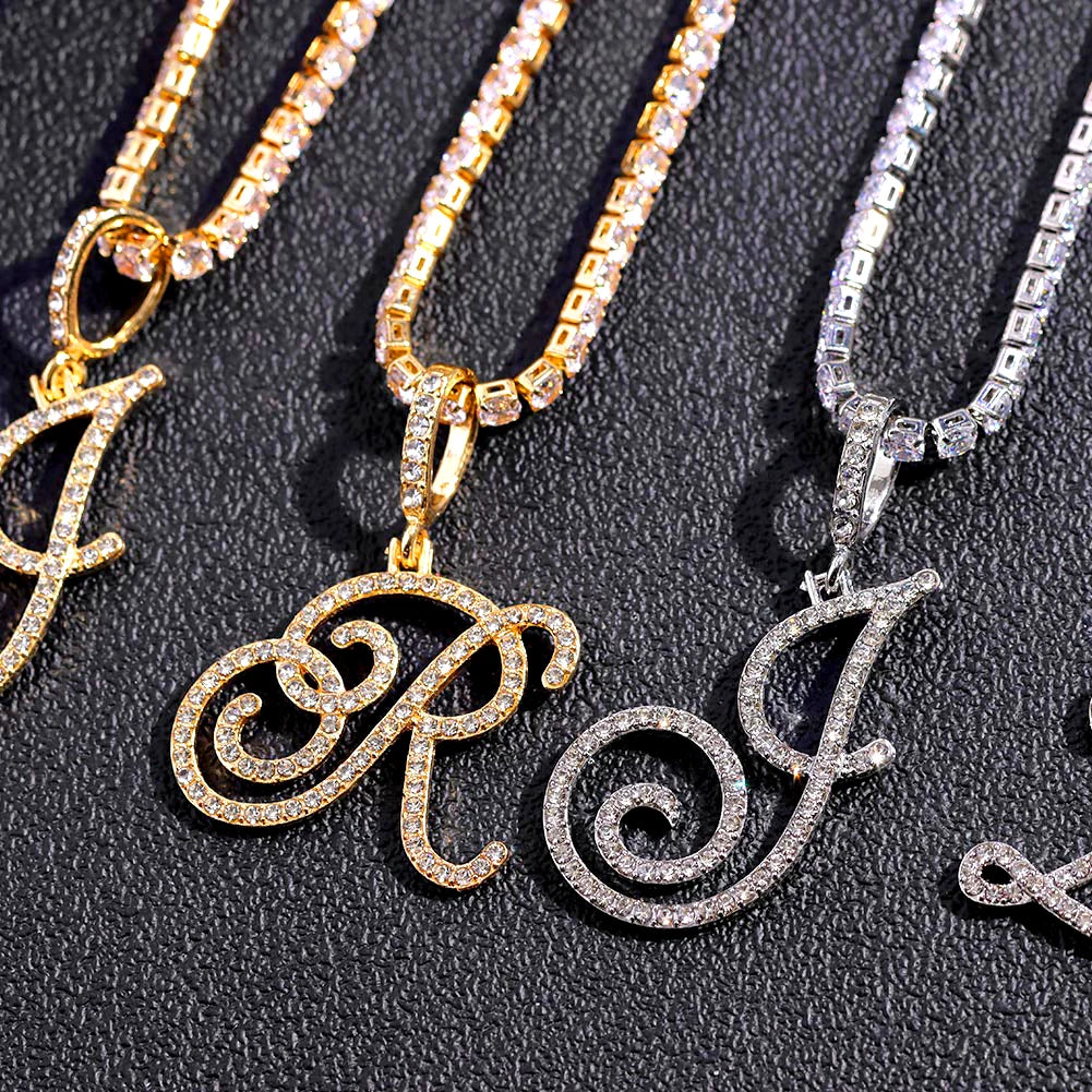 Cursive Initial Letter CZ Pendant Necklace