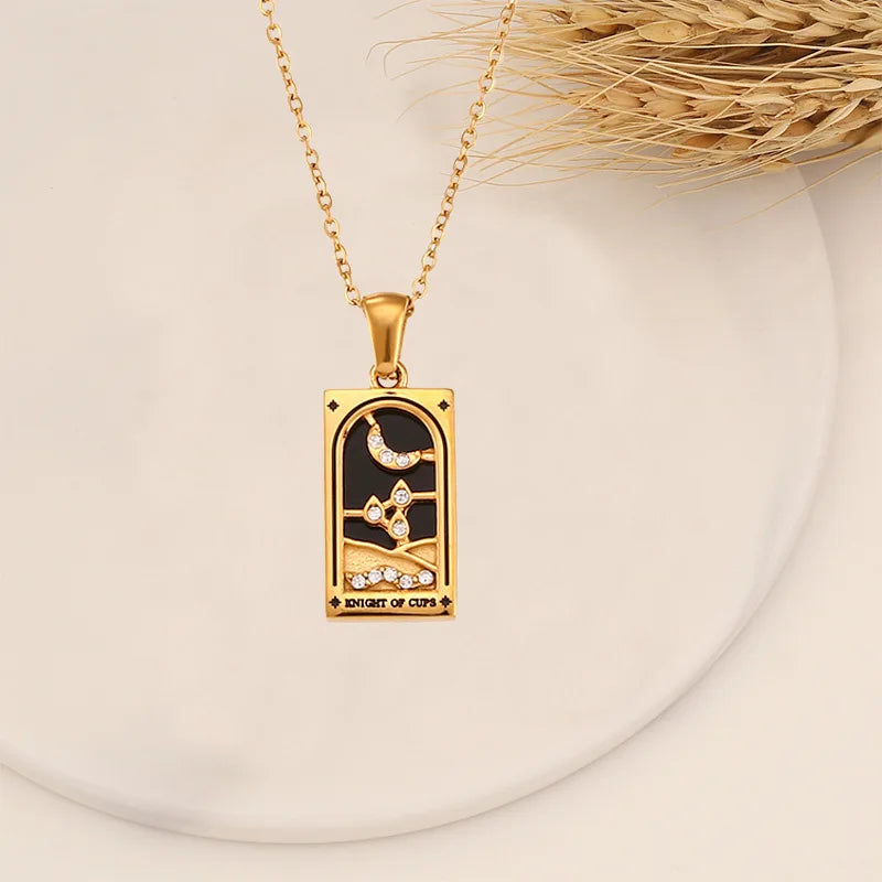 18k Gold-plated Stainless Steel Tarot Card CZ Pendant Necklace