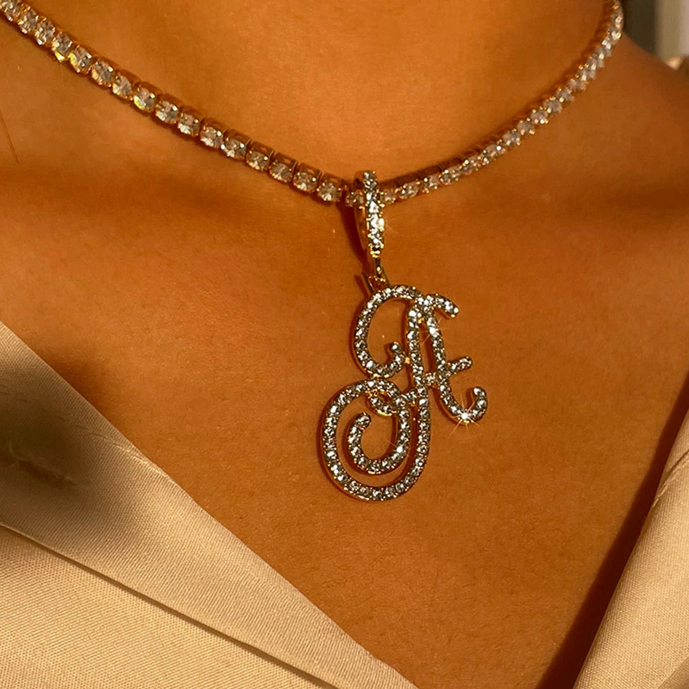 Cursive Initial Letter CZ Pendant Necklace