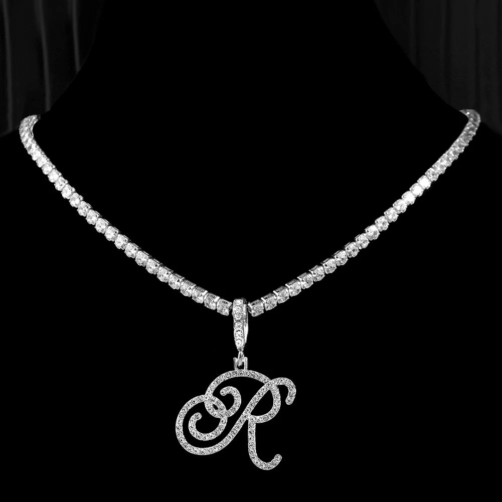 Cursive Initial Letter CZ Pendant Necklace