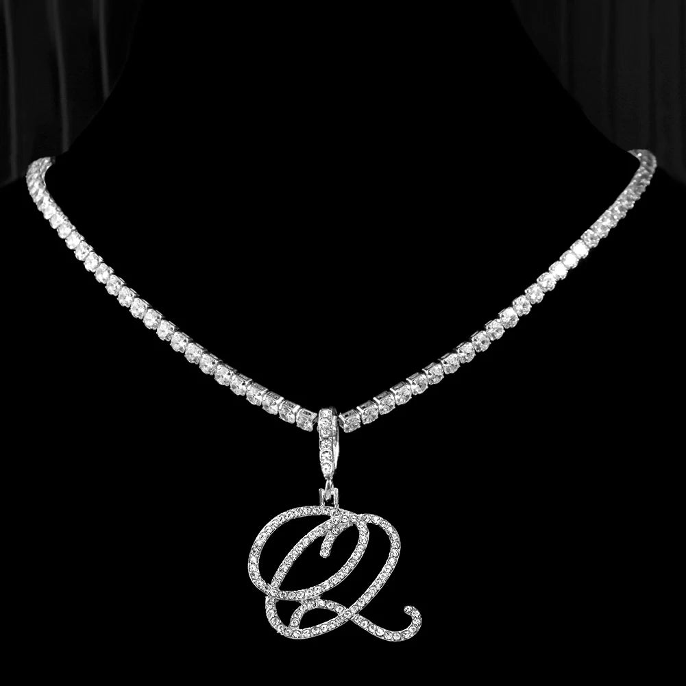 Cursive Initial Letter CZ Pendant Necklace