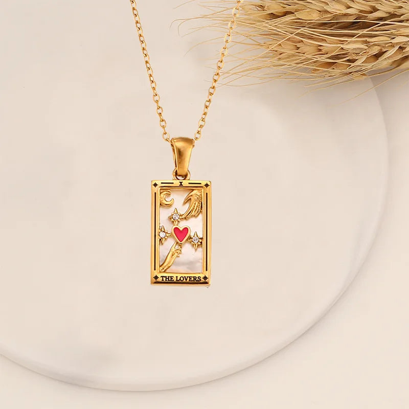 18k Gold-plated Stainless Steel Tarot Card CZ Pendant Necklace