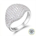 Silver ring with clear gemstones on a white background