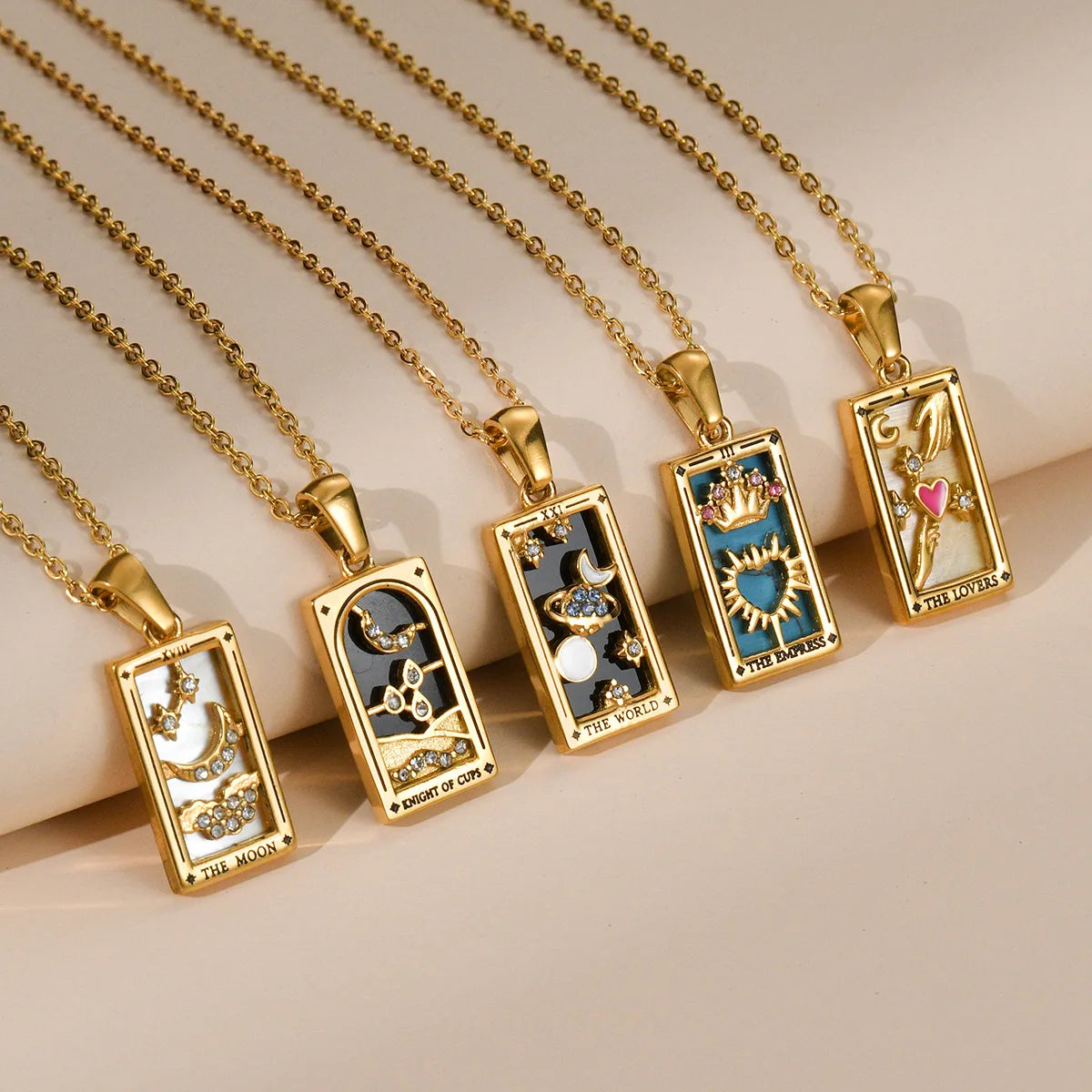18k Gold-plated Stainless Steel Tarot Card CZ Pendant Necklace
