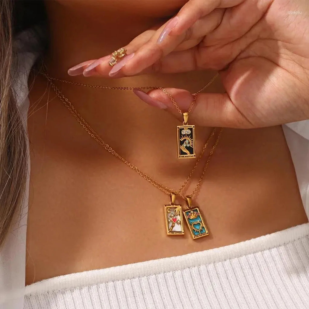 18k Gold-plated Stainless Steel Tarot Card CZ Pendant Necklace