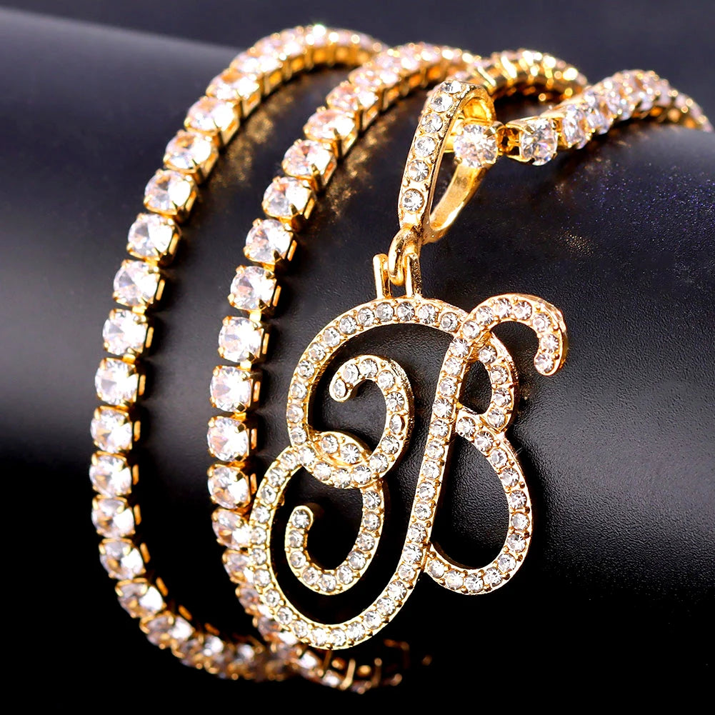 Cursive Initial Letter CZ Pendant Necklace
