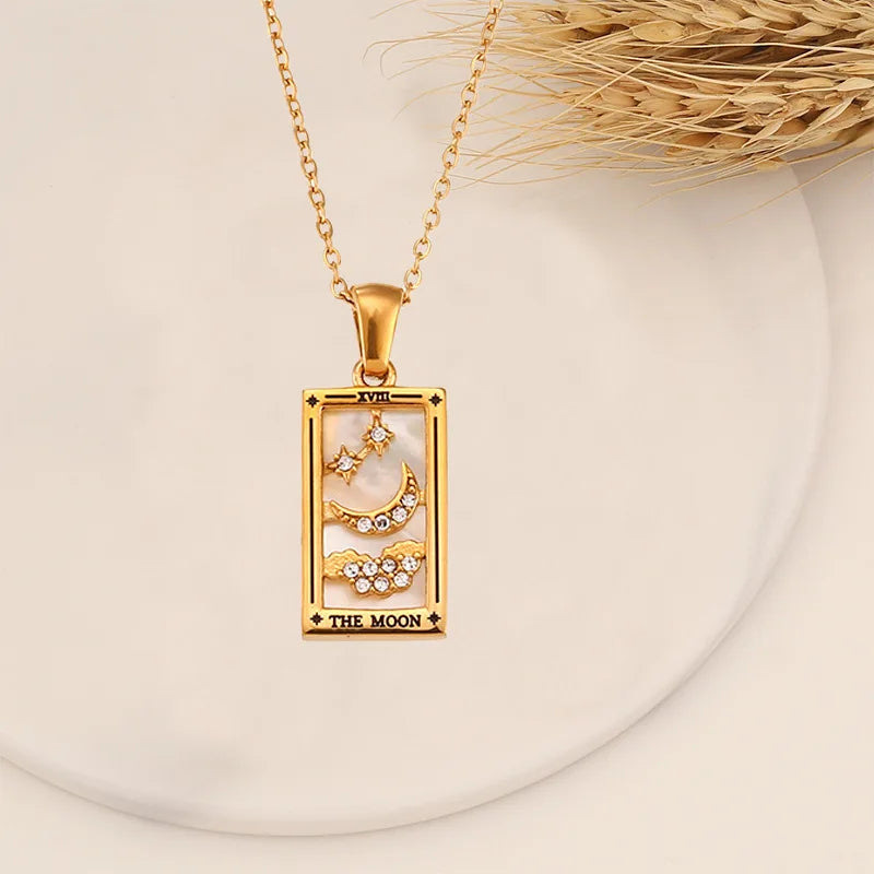18k Gold-plated Stainless Steel Tarot Card CZ Pendant Necklace