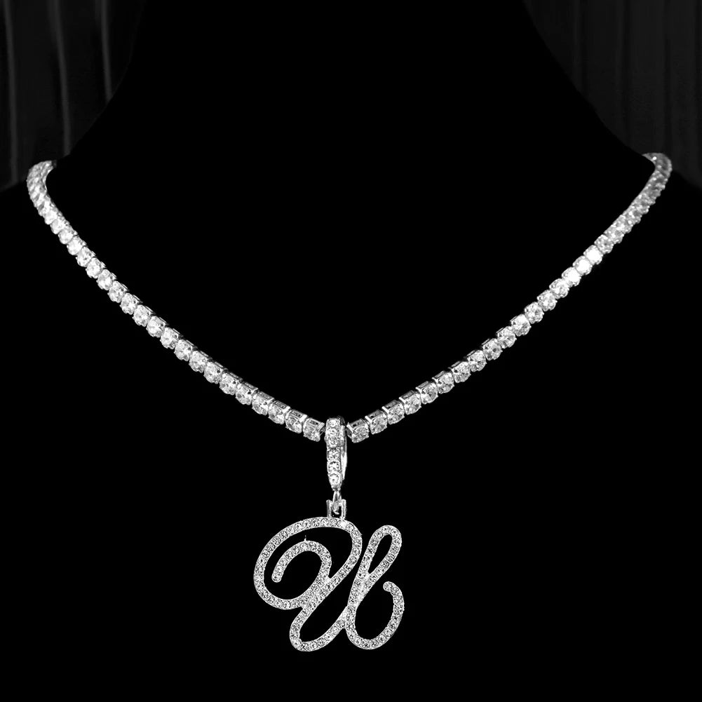 Cursive Initial Letter CZ Pendant Necklace