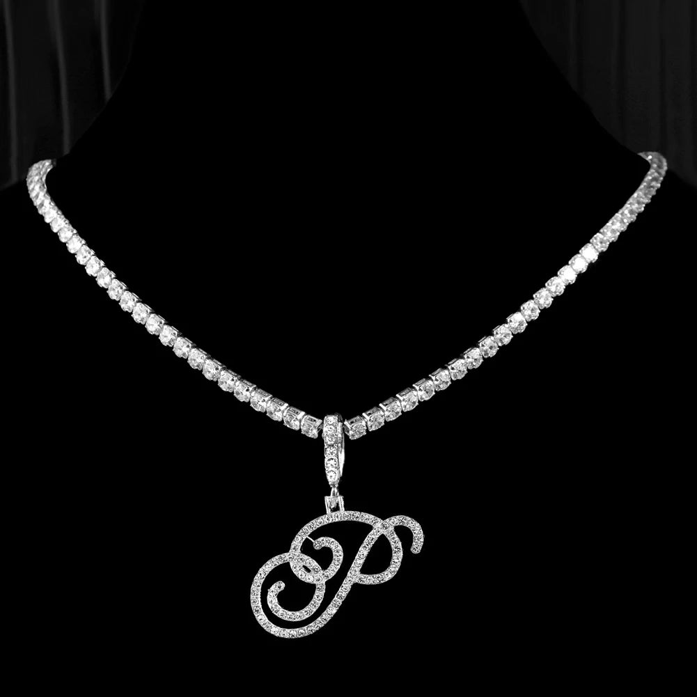 Cursive Initial Letter CZ Pendant Necklace
