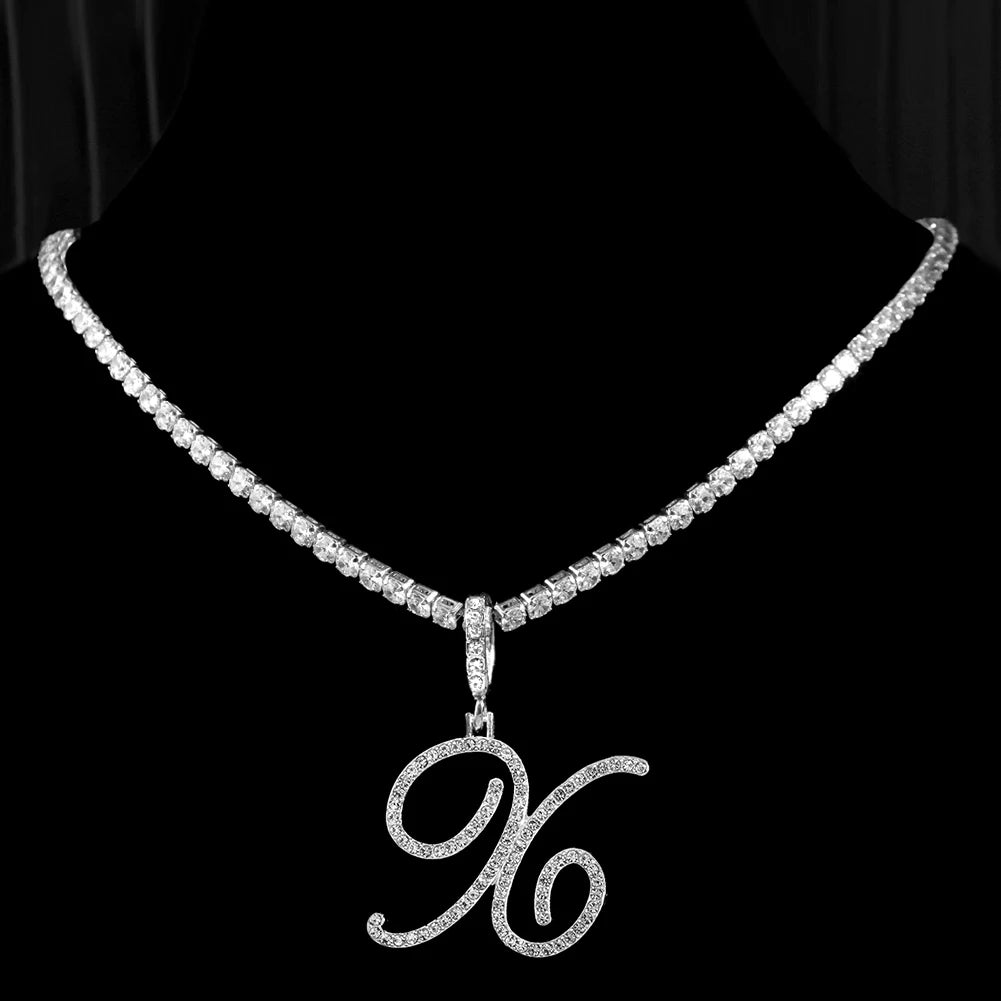 Cursive Initial Letter CZ Pendant Necklace