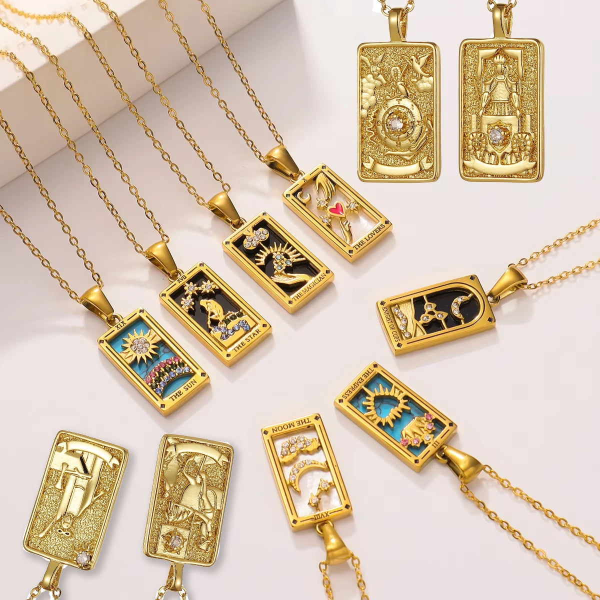 18k Gold-plated Stainless Steel Tarot Card CZ Pendant Necklace